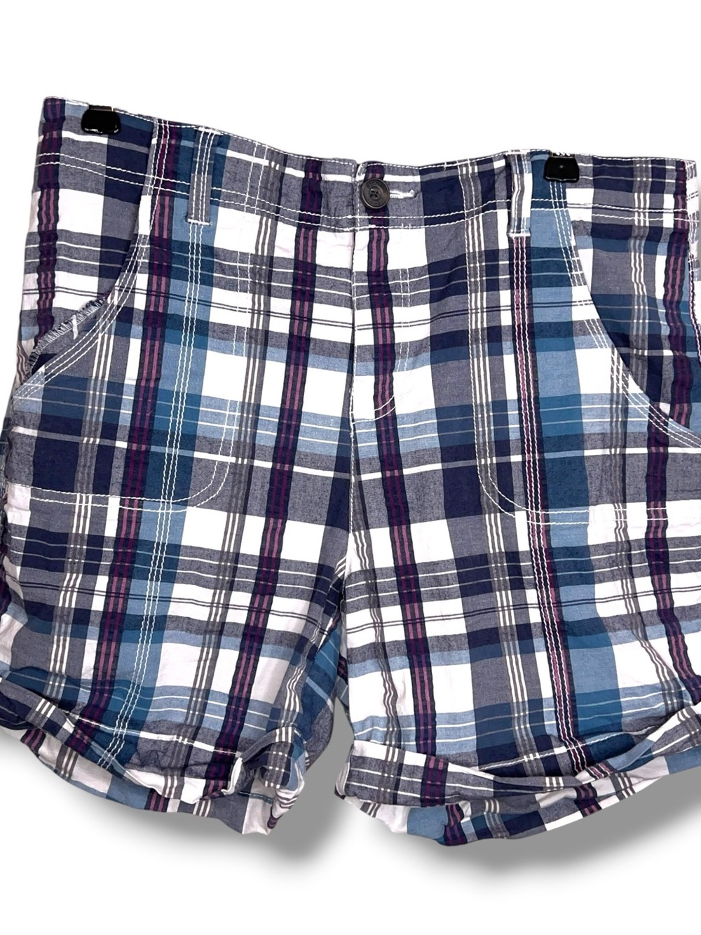 Size 10 Sonoma Blue Plaid Cuffed Casual Shorts Preppy Cotton Blend Stretch